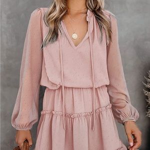 Pink Shift Dress V Neck Balloon Sleeve Tiered Ruffle Mini Dress
